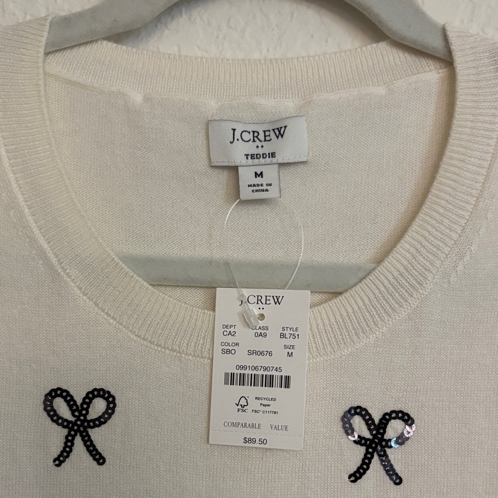 J. Crew Cream Long Sleeve Top with Sequin Bow Accents - Picture 2 of 5